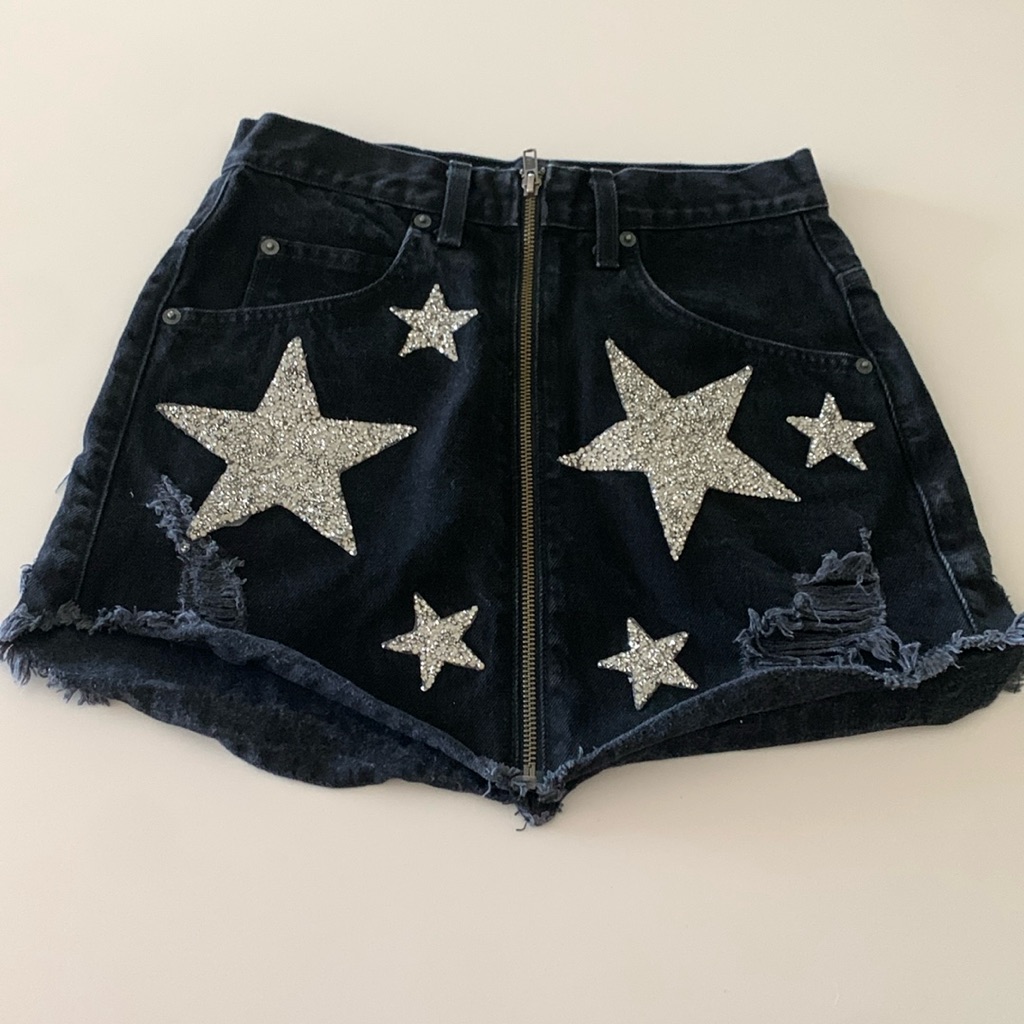 Carmar Black Denim Skirt Beatrice Rhinestone Star Patch